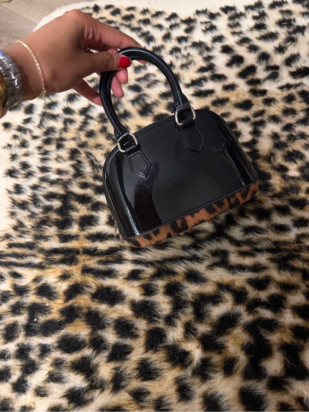 Black Patent Dome Satchel with Leopard Trim - Women's Bag